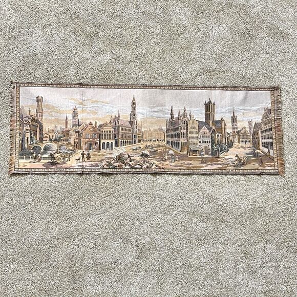 Rare Belgium Tapestry Brussels Bruges Gent Wall Hanging City Scene - Picture 2 of 13
